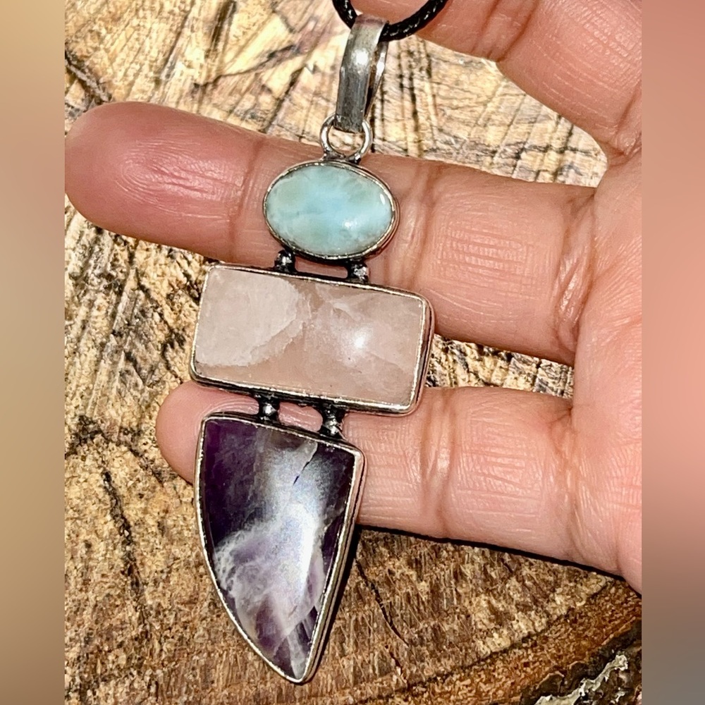 Rose Quartz, Amethyst & Larimar Crystal Pendant 3” - Picture 2 of 7